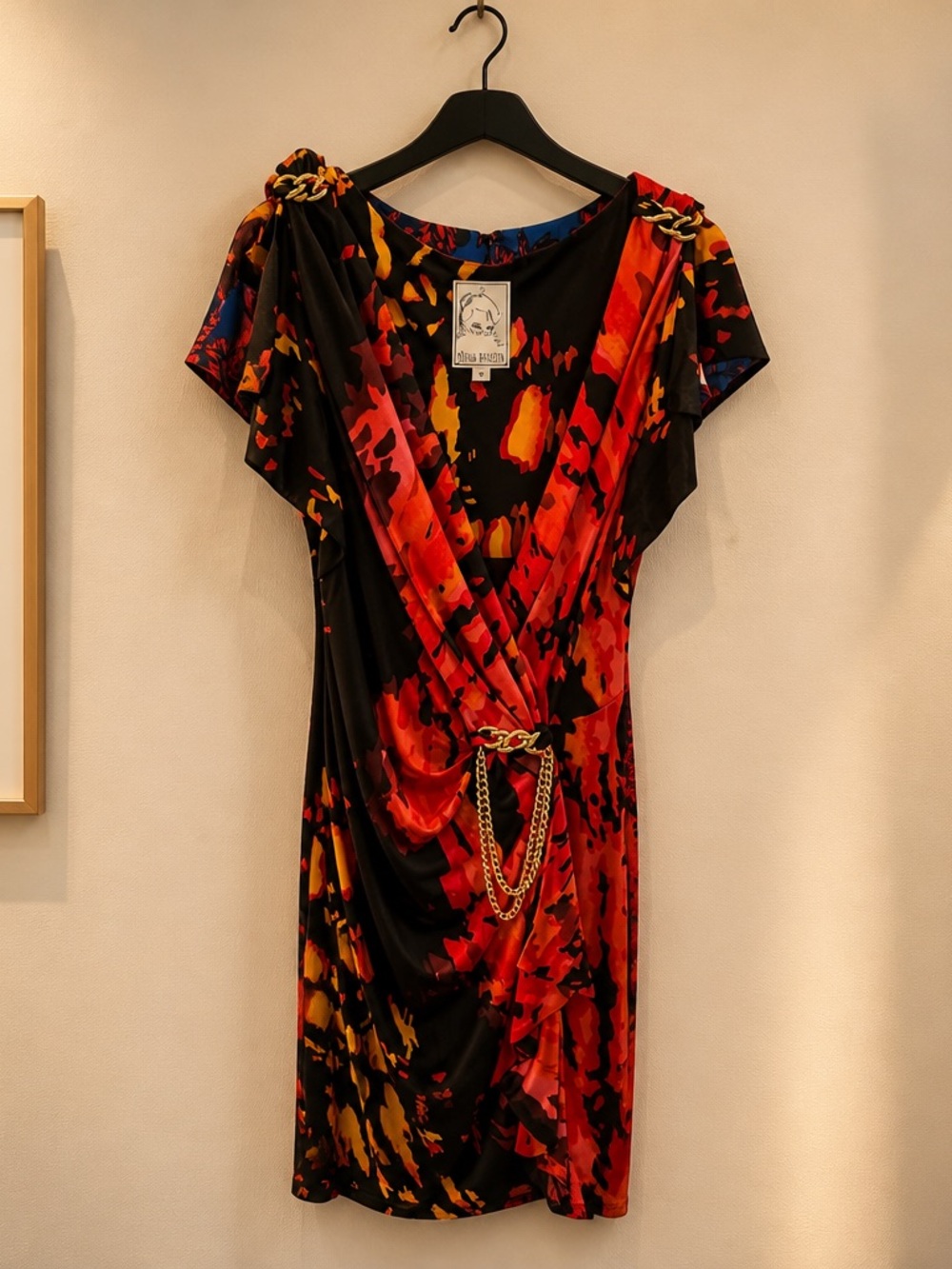Yoana Baraschi Black, Red and Gold Abstract Chain-Detail Midi Dress